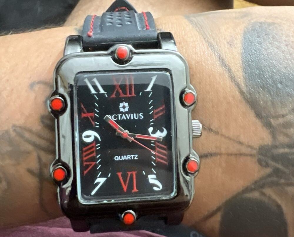 Octavius Quartz Watch Black Red Roman Numeral Dial Rubber Strap